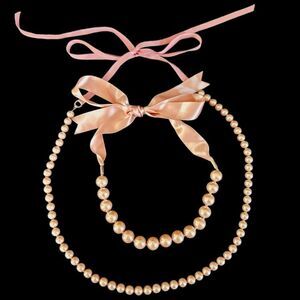 Set Of Two Pink Faux Pearl Strand Satin Ribbon Chunky Coquette Girl Necklaces